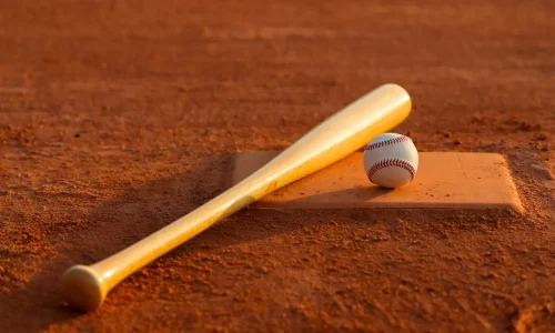 Baseball bat and ball on field – fan apparel banner for baseball t-shirts and hoodies