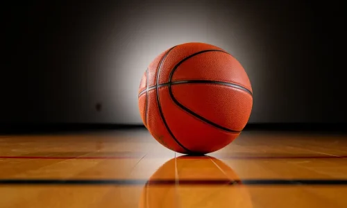 Basketball on hardwood court – sportswear banner for basketball t-shirts and hoodies